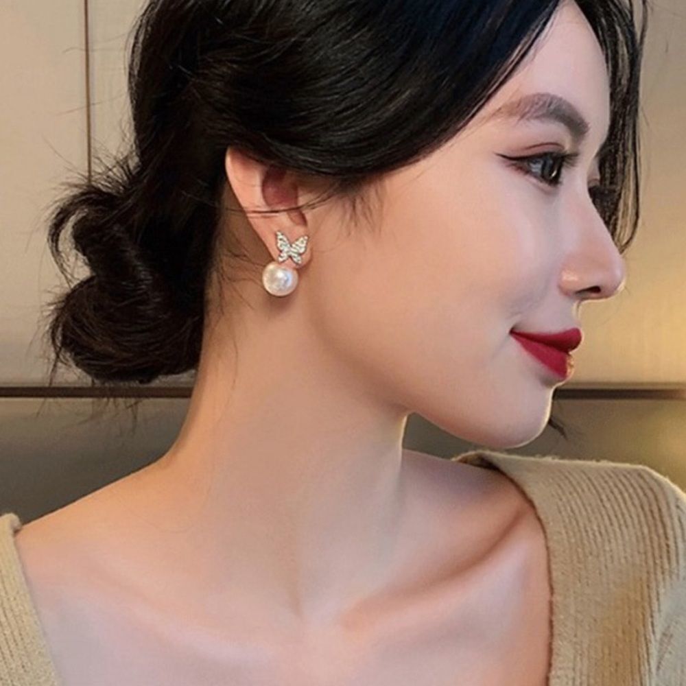 💎122💎 Goldtone‎ Diamond Butterfly Pearl Earrings - Picture 9 of 16